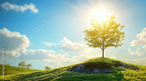 Wallpaper Mural A clean, bright scene featuring a tree growing from the Earth, with the sun shining in the background, celebrating Earth Day Torontodigital.ca