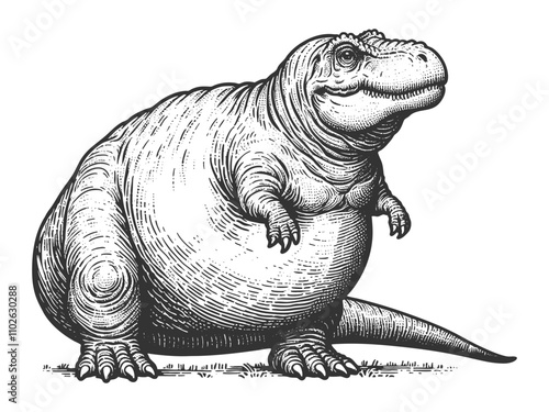 plump fat dinosaur body positive chubby T-rex body, showcasing unique, retro-inspired artwork sketch engraving generative ai vector illustration. Scratch board imitation. Black and white image.