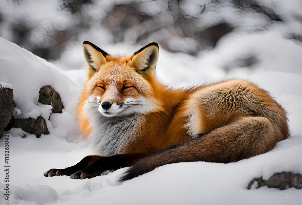 fox resting in the snow during winter season fox resting in the snow during winter season