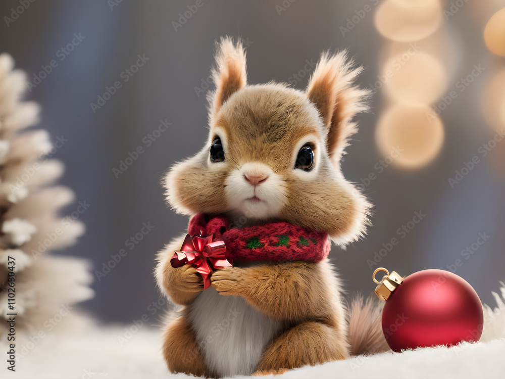 Fototapeta premium A baby squirrel dressed in a tiny red scarf, holding a small Christmas tree ornament, sitting by a small pile of pinecones. 