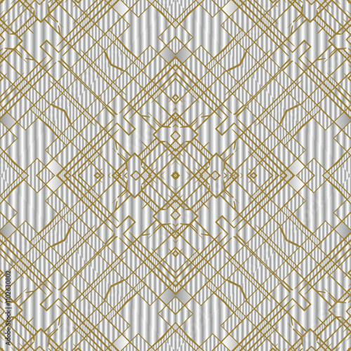 Elegant geometric modern seamless pattern with golden intereting lines on 3d silver white background. Stylish geometrical abstract ornaments. Repeat decorative trendy backdrop. Endless grunge texture. photo