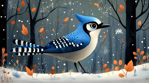 Winter Blue Jay Illustration Snowy Forest photo