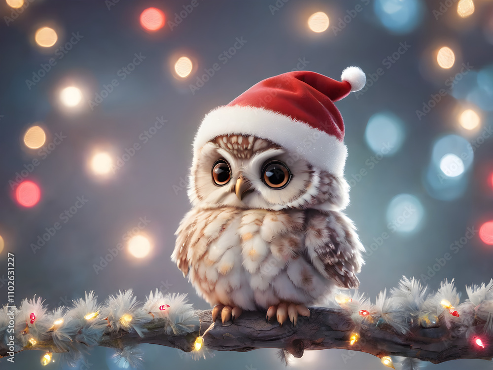 A baby owl perched on a branch, wearing a small Santa hat, surrounded by tiny twinkling Christmas lights. A baby owl perched on a branch, wearing a small Santa hat, surrounded by tiny twinkling Christmas lights.