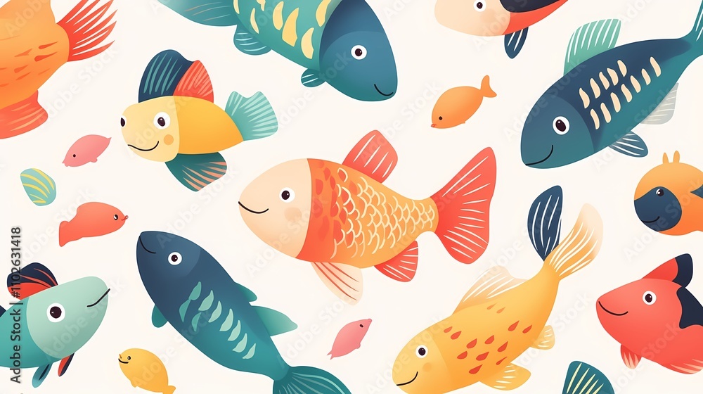 Naklejka premium Colorful and Playful Illustrations of Various Fish Swimming Together in a Bright and Cheerful Underwater Scene with Different Shapes and Sizes