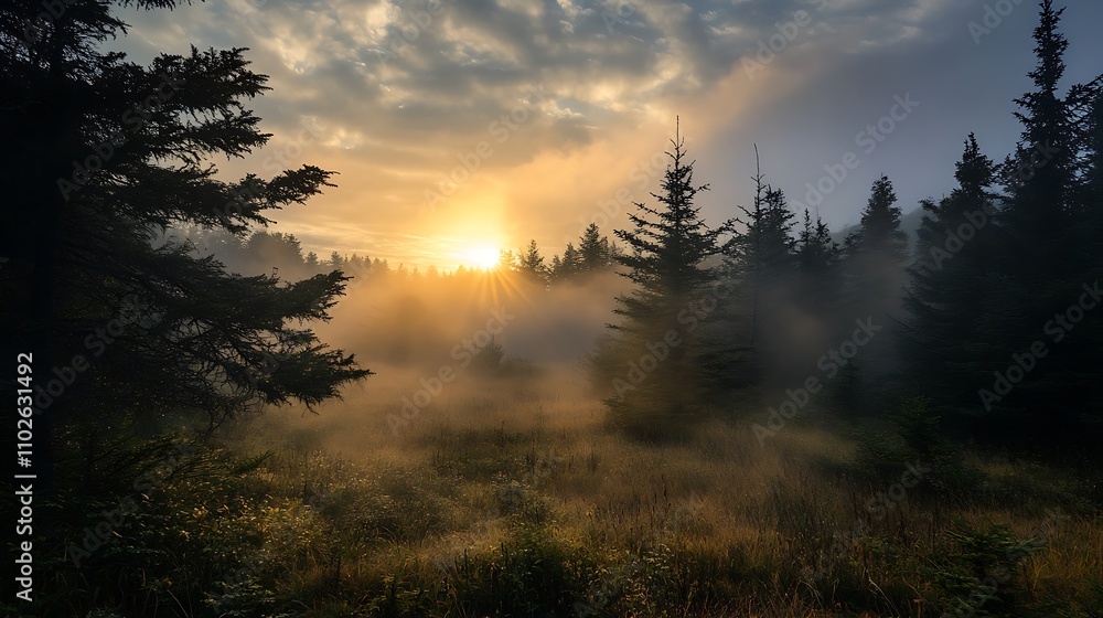 Sunrise in a misty forest Sunrise in a misty forest