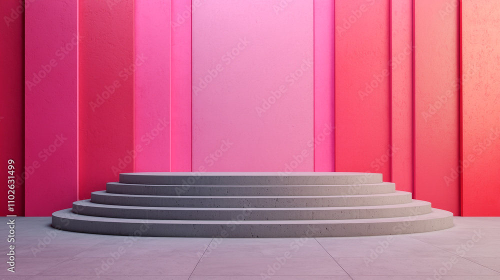 Vibrant pink background with a modern circular platform design for creative presentations. Vibrant pink background with a modern circular platform design for creative presentations.