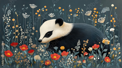 Badger in Wildflower Meadow...