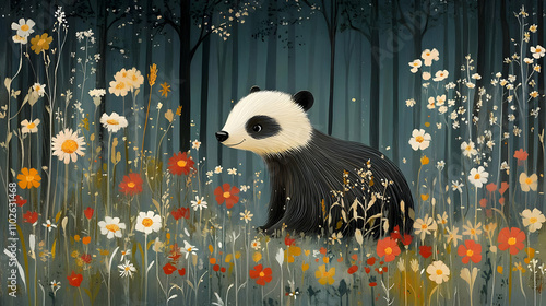 Panda in Flowery Forest Ill...