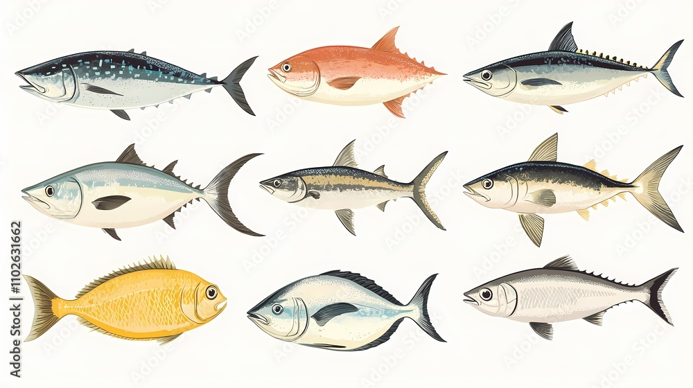 Colorful Variety of Fish Species Displayed in a Detailed Illustration, Showcasing Different Shapes, Sizes, and Patterns for Educational and Artistic Use in Nature and Biology Projects Colorful Variety of Fish Species Displayed in a Detailed Illustration, Showcasing Different Shapes, Sizes, and Patterns for Educational and Artistic Use in Nature and Biology Projects