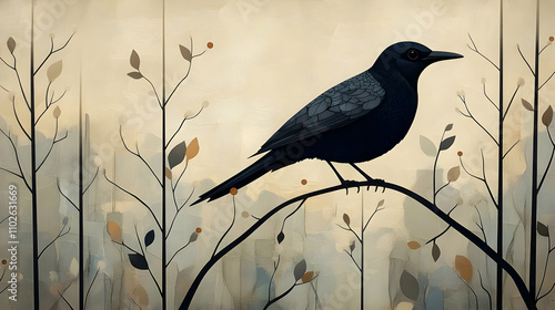 Serene Black Bird Illustrat...