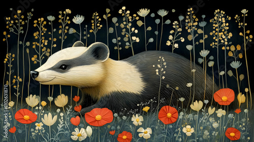 Badger in Wildflower Meadow...
