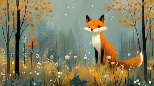 Autumn Fox Illustration, Mi...