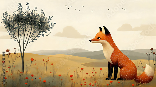 Fox in Autumn Landscape Ill...