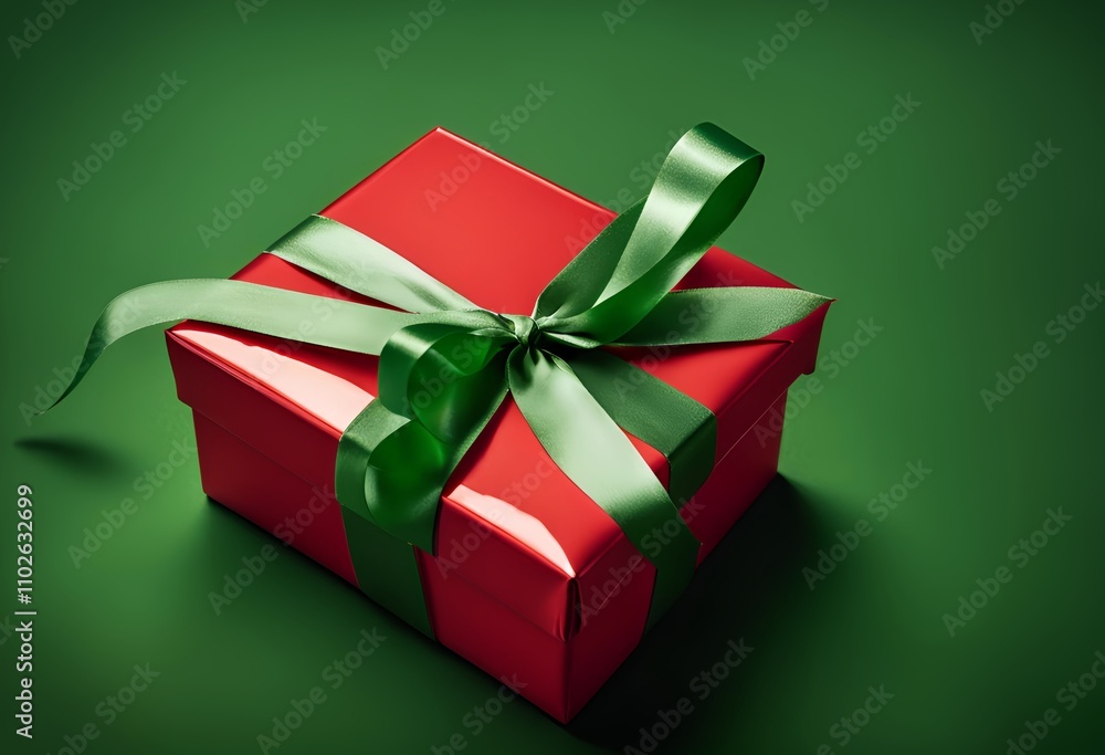 festive green gift box with bold red bow on green background festive green gift box with bold red bow on green background