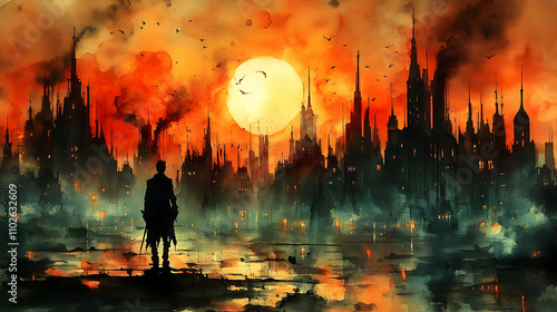 Dark Cityscape Watercolor I...