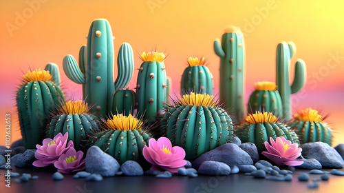 Vibrant Cactus Desert 3D Illustration