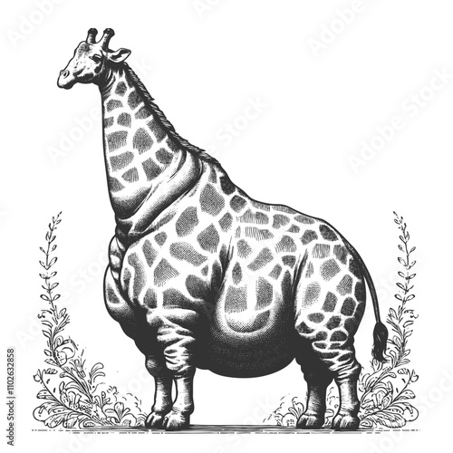 Fat overweight chubby body positive giraffe with exaggerated features, blending humor and classic artistic detail sketch engraving generative ai vector illustration. Scratch board. Black and white.