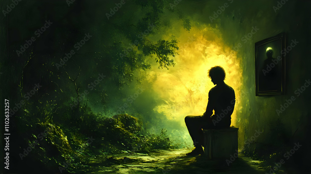 Solitary Figure in a Dark Forest Painting Solitary Figure in a Dark Forest Painting