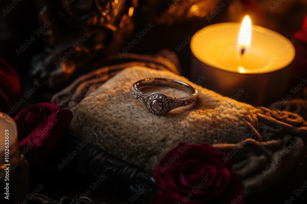 Intricately designed wedding ring resting on an elegant velvet cushion surrounded by romantic candlelight and red roses Intricately designed wedding ring resting on an elegant velvet cushion surrounded by romantic candlelight and red roses