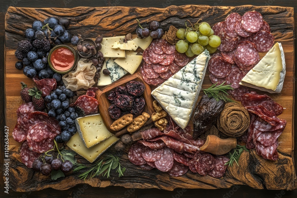 Overhead view of a charcuterie board with an assortment of cheeses, sliced cured meats, fresh fruits, and decorative herbs on a rustic wooden platter Overhead view of a charcuterie board with an assortment of cheeses, sliced cured meats, fresh fruits, and decorative herbs on a rustic wooden platter