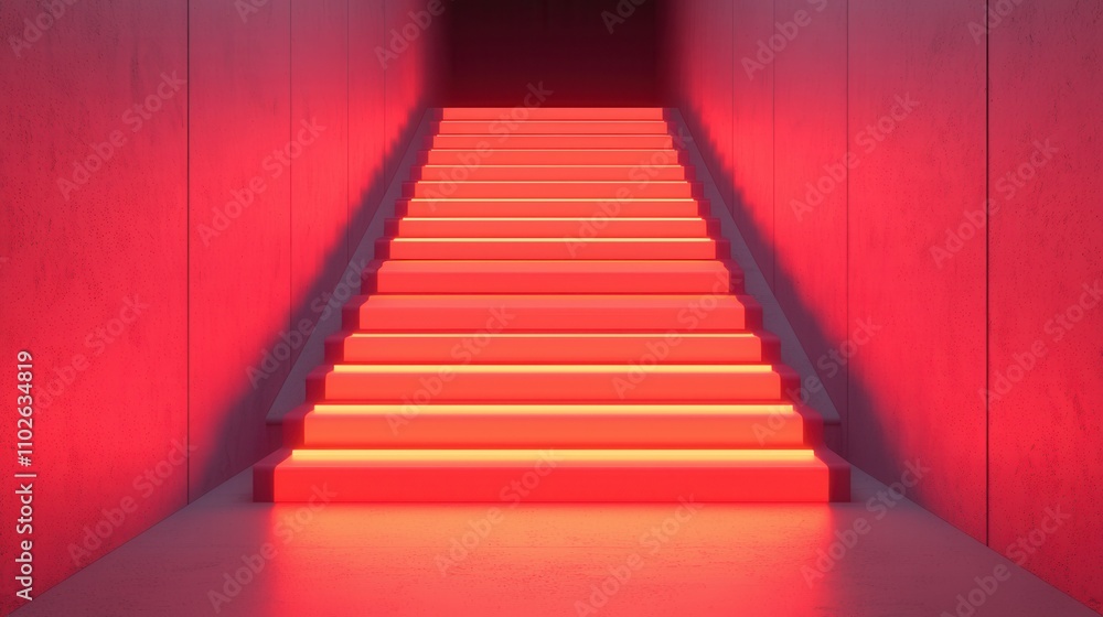 Fototapeta premium Organization structure and mission, A modern staircase illuminated by vibrant red lights, creating a striking contrast against the minimalist, gray walls.