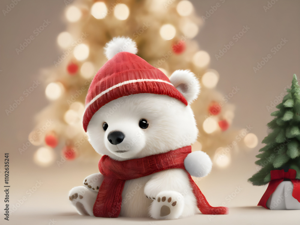 A baby polar bear wearing a red Christmas scarf and a small Santa hat, sitting by a miniature Christmas tree with twinkling lights. A baby polar bear wearing a red Christmas scarf and a small Santa hat, sitting by a miniature Christmas tree with twinkling lights.