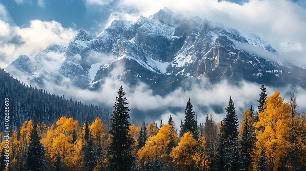 Snowy Mountains with Golden Autumn Trees Snowy Mountains with Golden Autumn Trees