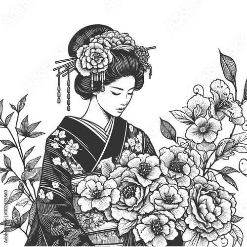 geisha in traditional kimono, surrounded by detailed blooming flowers and foliage sketch engraving generative ai fictional character vector illustration. Scratch board imitation. Black and white image