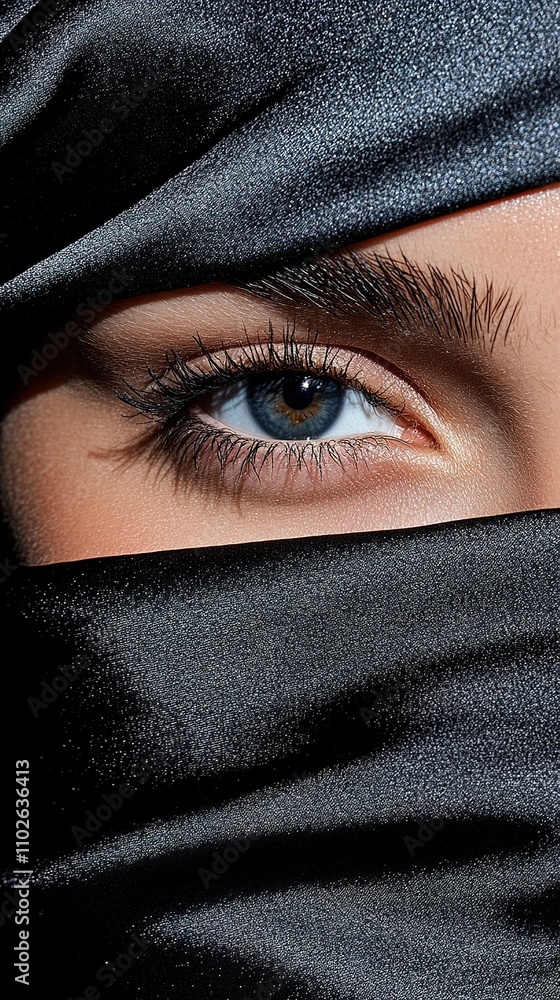 Naklejka premium Woman with blue eyes wearing black veil: close-up portrait emphasizing mystery and beauty
