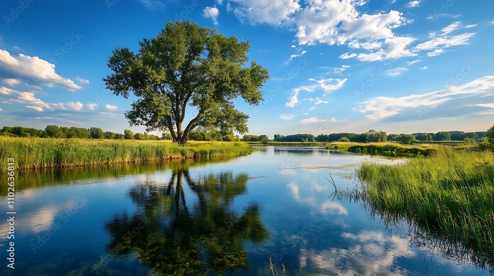 Obraz premium Tranquil River Landscape with Tree Reflection
