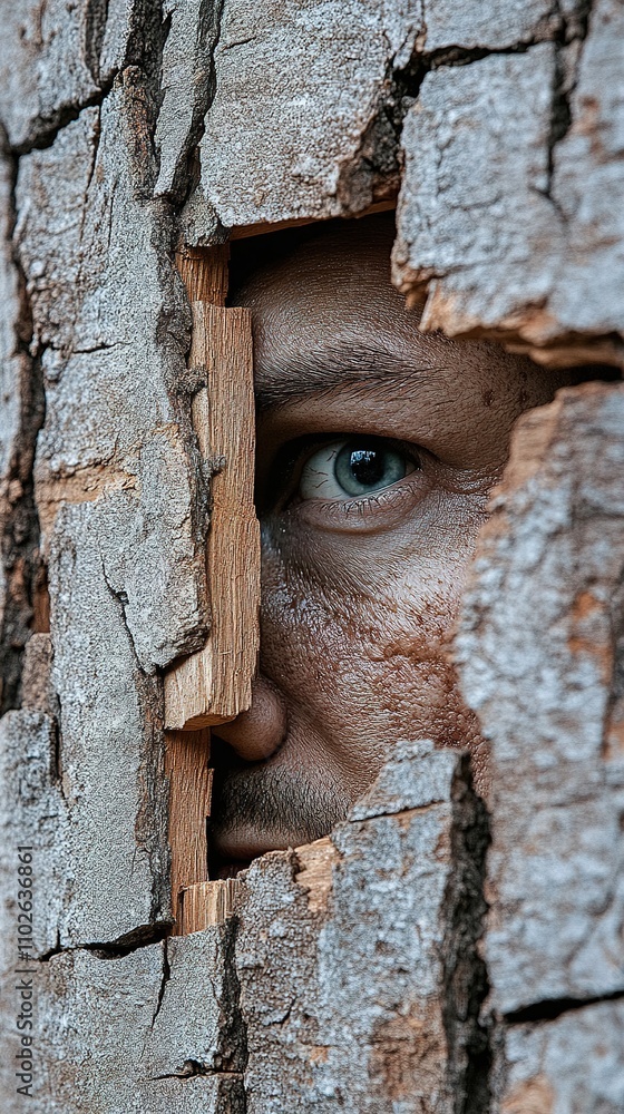 Man hiding and observing behind broken wooden wall Man hiding and observing behind broken wooden wall