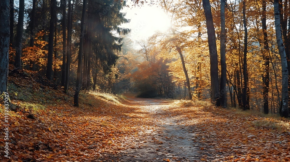 Fototapeta premium Autumn Forest Path Sunlight