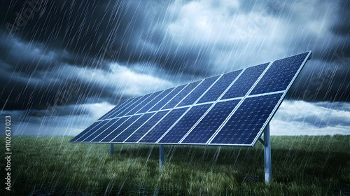 A solar panel stands in a field under dark, stormy skies and heavy rain. photo