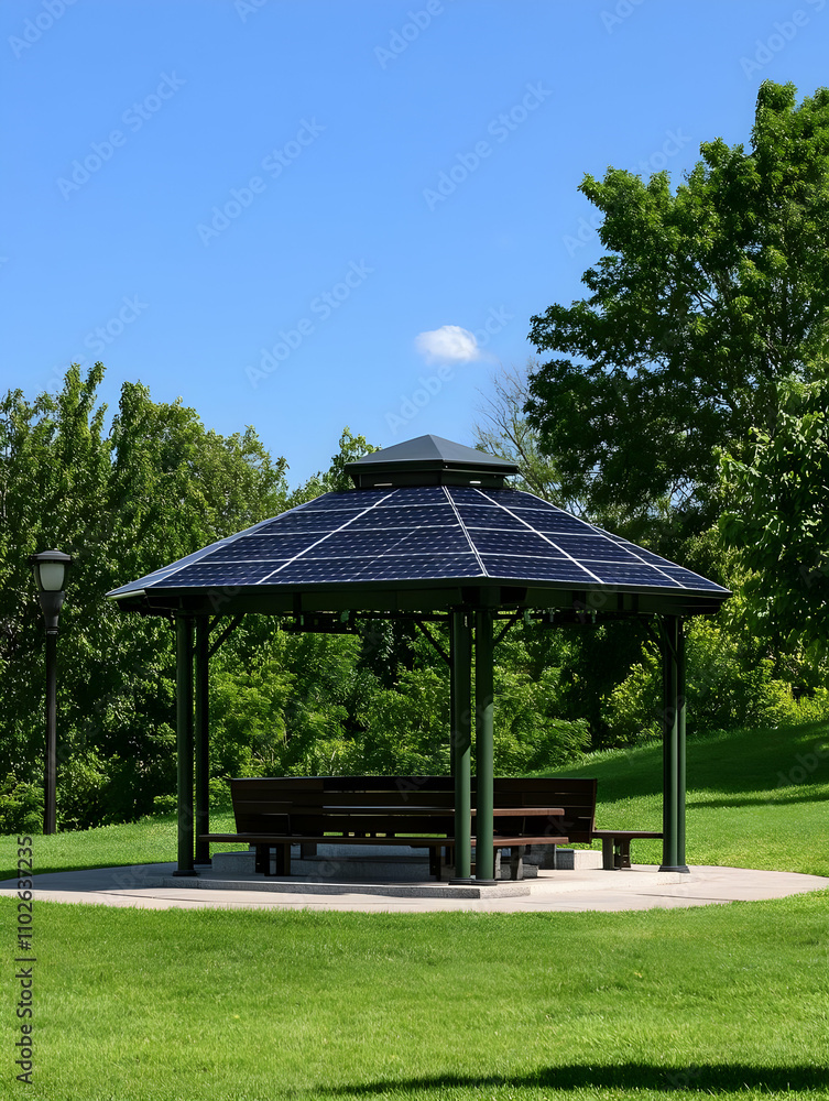A solar-paneled gazebo in a green park, providing shade and leisure space for visitors. A solar-paneled gazebo in a green park, providing shade and leisure space for visitors.