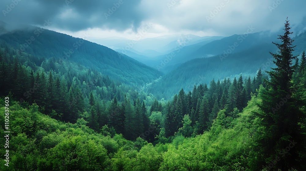 Fototapeta premium Mountain valley landscape with lush green forest. Nature scenery.