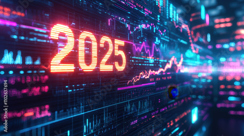 A vibrant digital display features the year 2025 with colorful graphics and fluctuating financial data represented through graphs and charts