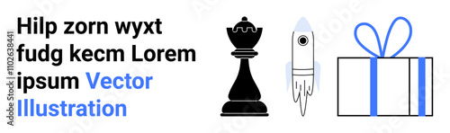 Chess piece next to a rocket and a gift box, alongside placeholder text. Ideal for strategy, innovation, planning, technology, celebrations, design and education. Landing page