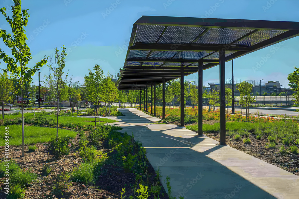 A walkway shaded by a solar panel structure, surrounded by greenery and pathways. A walkway shaded by a solar panel structure, surrounded by greenery and pathways.