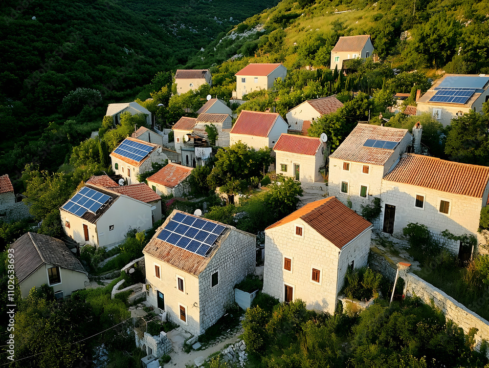 Aerial view of a quaint village with solar panels amidst lush greenery. Aerial view of a quaint village with solar panels amidst lush greenery.