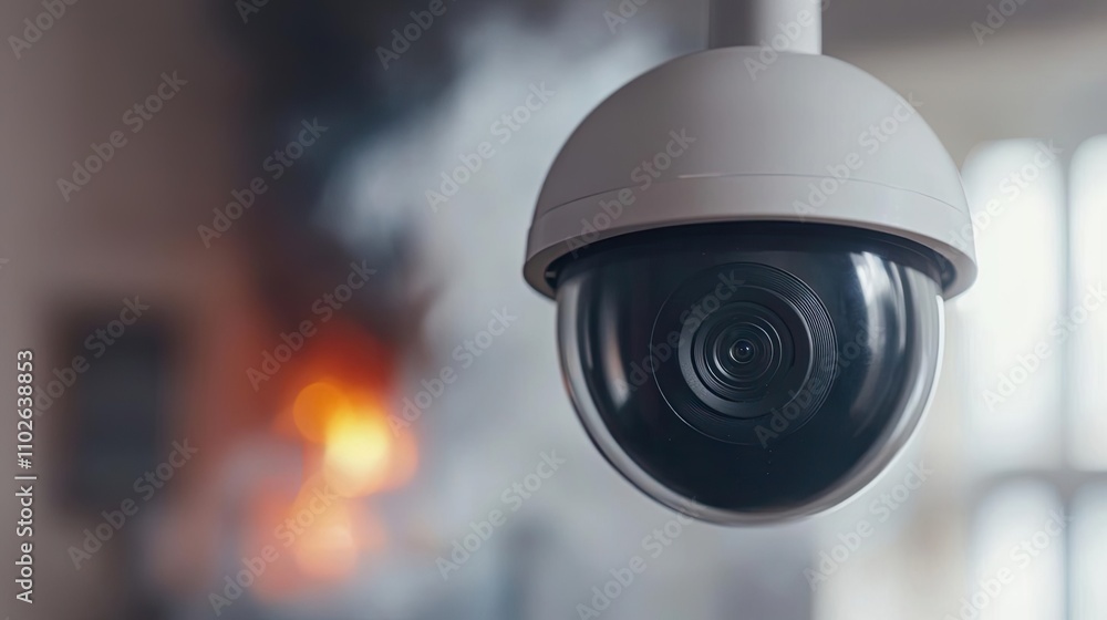 Close-up of a security camera monitoring an indoor fire incident. Close-up of a security camera monitoring an indoor fire incident.