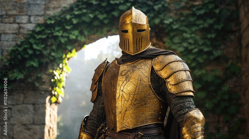 Golden armored knight standing in an ancient stone archway with greenery. Golden armored knight standing in an ancient stone archway with greenery.