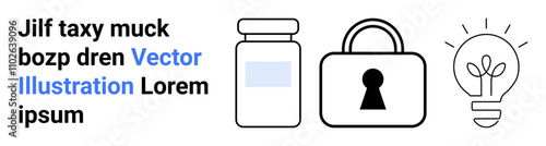 Medicine bottle, padlock, and light bulb icons representing healthcare, security, and innovative ideas. Ideal for health industry, data protection, idea generation, medical patents creative