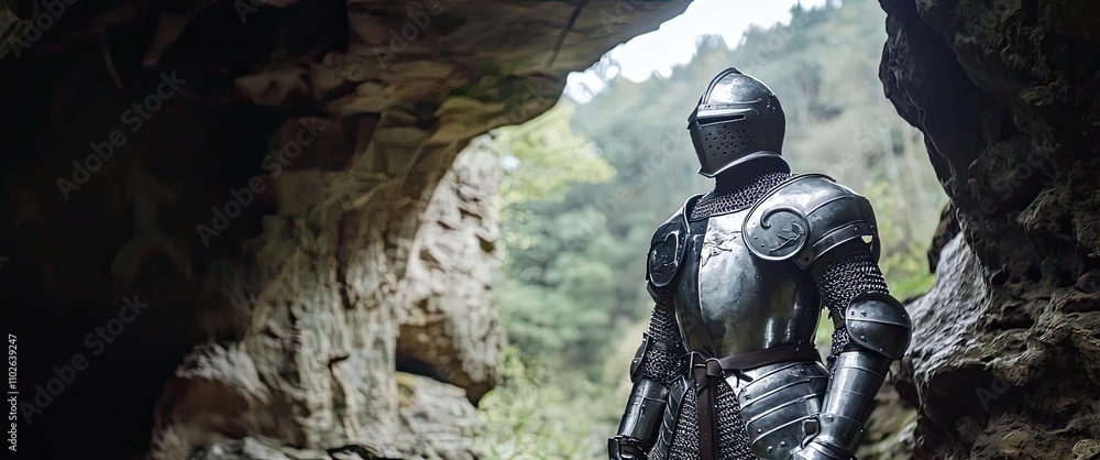 Knight in armor standing in a cave surrounded by nature, dramatic and mystical setting. Knight in armor standing in a cave surrounded by nature, dramatic and mystical setting.