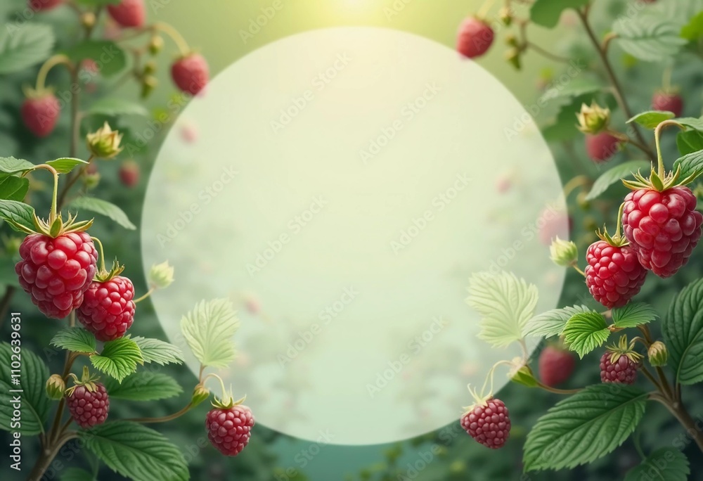 Obraz premium Lush raspberries with rich colors are framed by fresh green leaves, creating an inviting and refreshing ambiance, ideal for summer displays and culinary inspirations. Blank copy space. Generative AI.