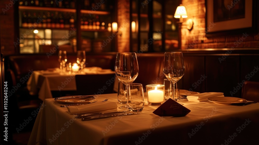 A cozy candlelit dinner for two in a dimly lit restaurant, with elegant table settings and wine glasses, creating an intimate atmosphere A cozy candlelit dinner for two in a dimly lit restaurant, with elegant table settings and wine glasses, creating an intimate atmosphere