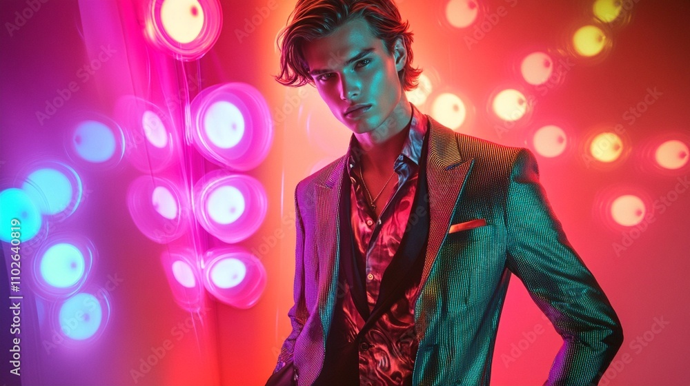 Neon-lit portrait of a stylish man in a suit and floral shirt, exuding confidence against a vibrant backdrop of colorful lights, capturing retro-futuristic nightlife energy. Neon-lit portrait of a stylish man in a suit and floral shirt, exuding confidence against a vibrant backdrop of colorful lights, capturing retro-futuristic nightlife energy.
