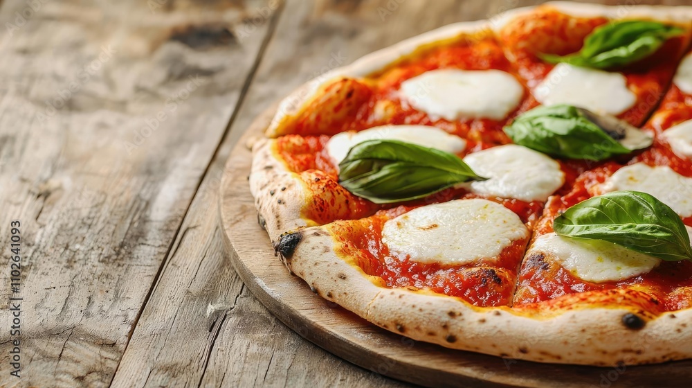Delicious margherita pizza with fresh basil on a wooden board. Delicious margherita pizza with fresh basil on a wooden board.