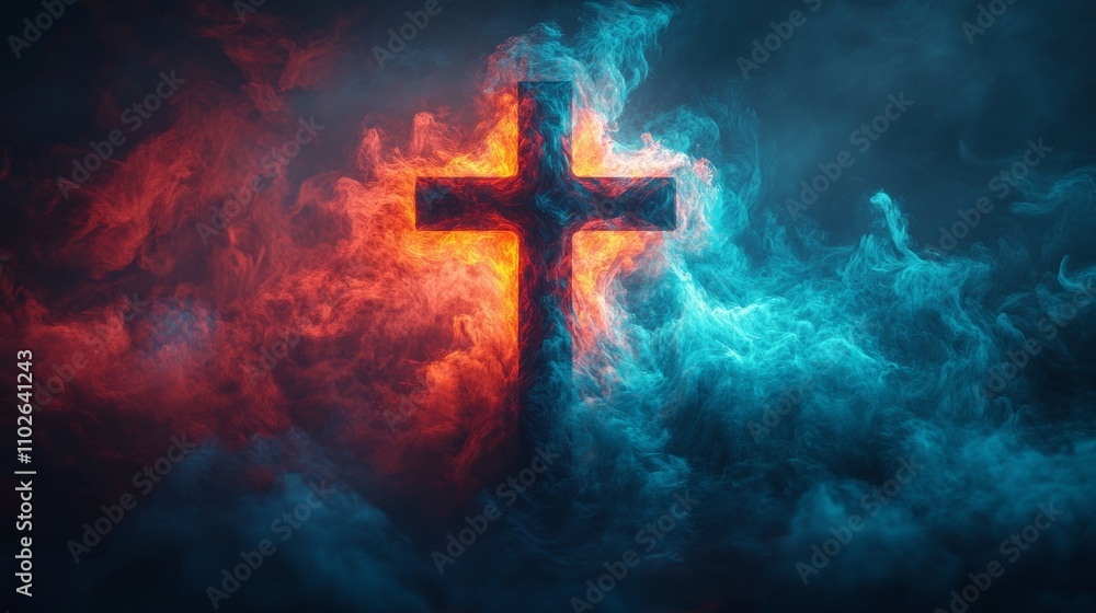 Fiery Cross in Teal and Red Smoke, Abstract Religious Background Fiery Cross in Teal and Red Smoke, Abstract Religious Background