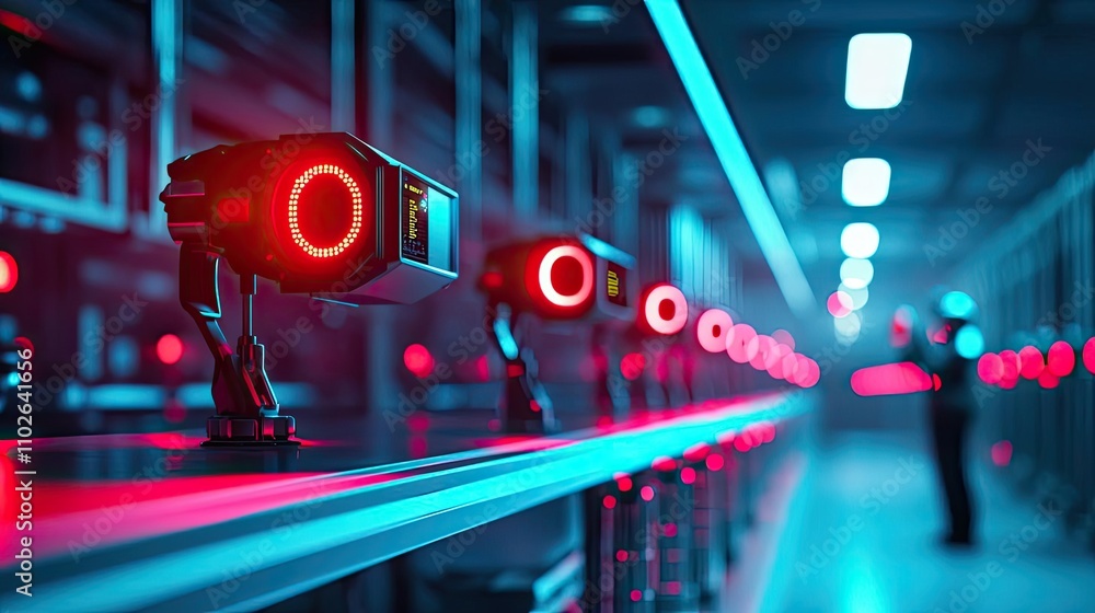 High-tech surveillance cameras on a sleek production line, vibrant lighting effect. High-tech surveillance cameras on a sleek production line, vibrant lighting effect.