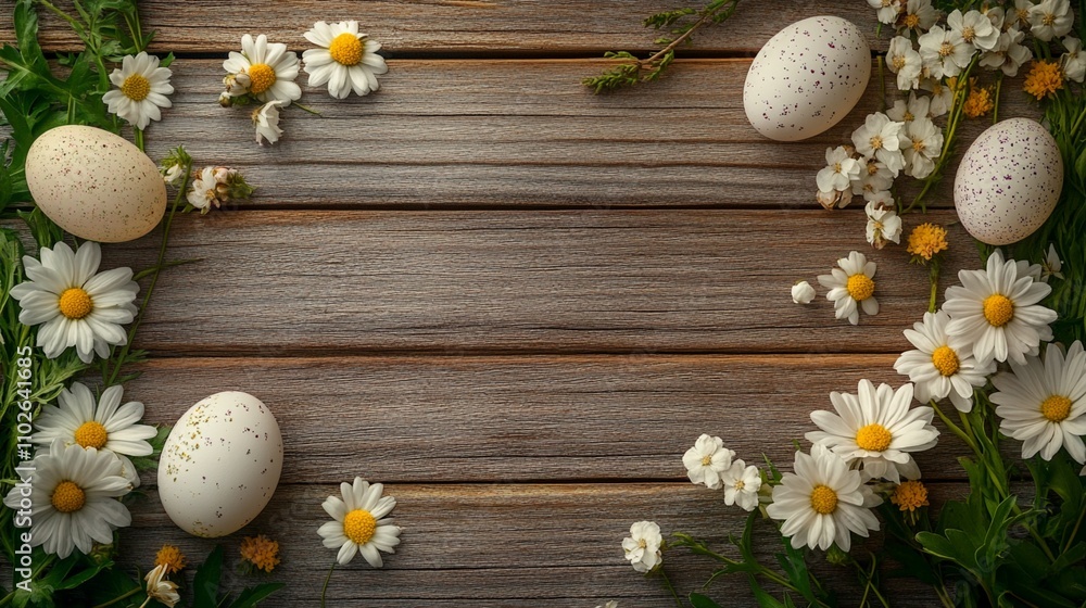 Easter composition with speckled eggs and fresh daisies arranged on rustic wooden planks, creating a charming spring frame with natural elements. Easter composition with speckled eggs and fresh daisies arranged on rustic wooden planks, creating a charming spring frame with natural elements.